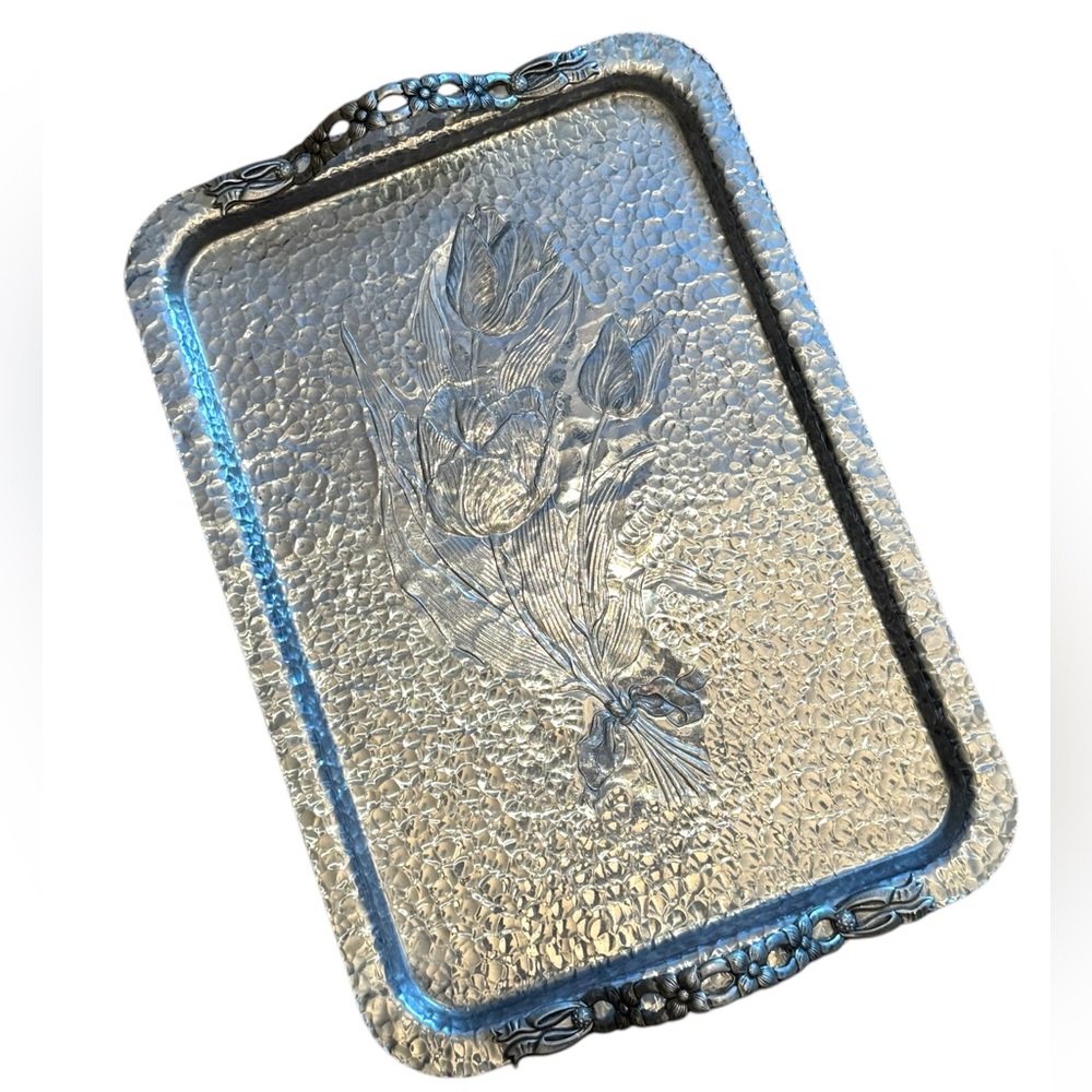 Vintage Hand Wrought Aluminum Silver Flower Floral Serving Tray 1950s